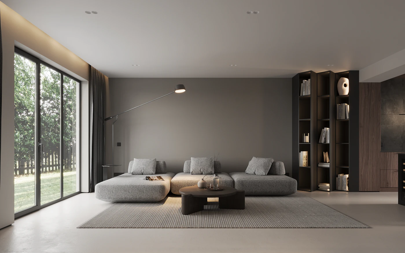 Modern living room with large windows dusted and vacuumed by professional housekeepers