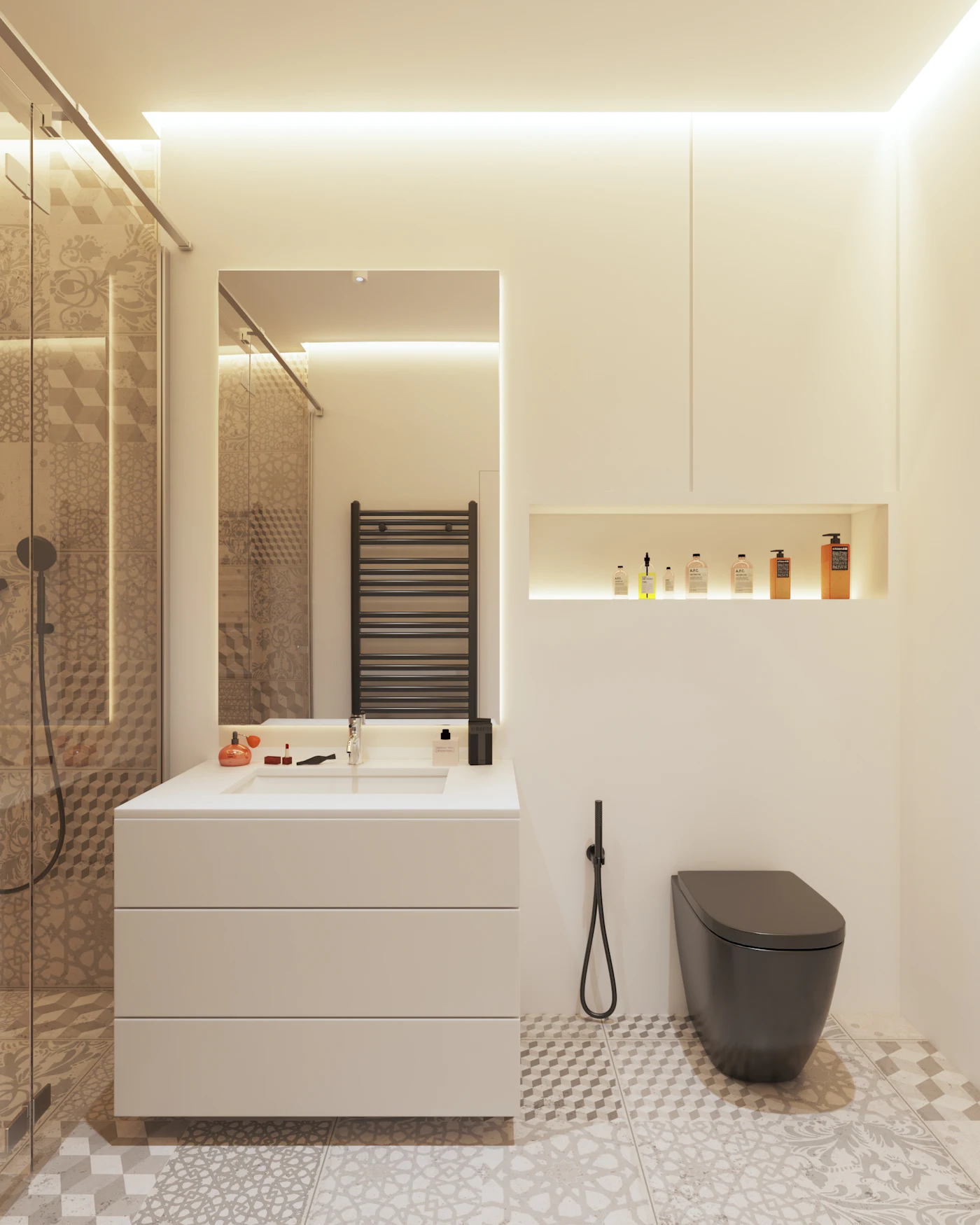 Sanitized modern bathroom with streak free shower glass, scrubbed tile grout and polished chrome fixtures